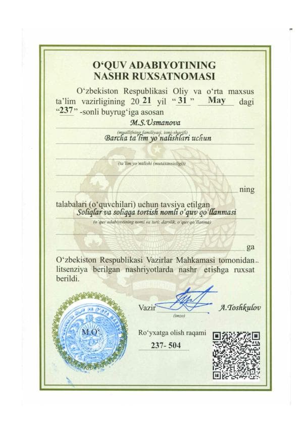 Soliq va soliqqa tortish, Usmanova M.